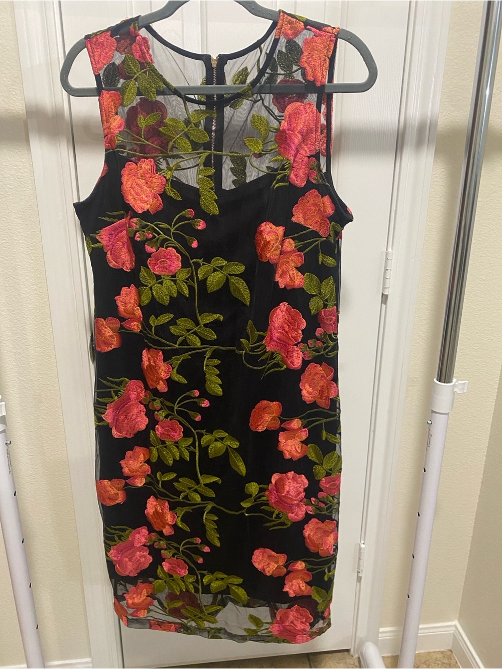 Calvin Klein Black Dress with Pink-Orange Rose Embroidery Sheer Overlay Size 14